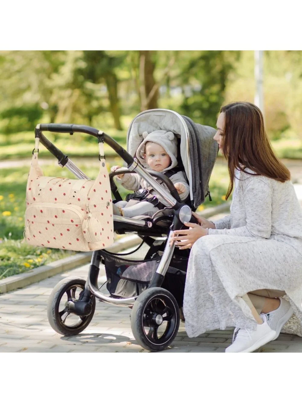 Stylish Beige Strawberry Diaper Bag Tote | Large Capacity, Corduroy